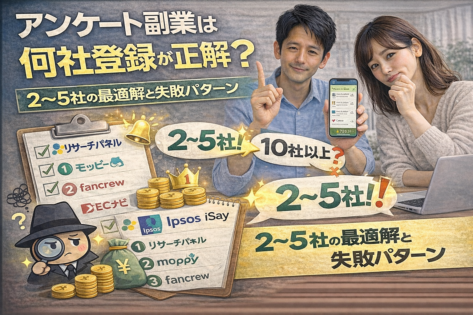 アンケート副業は何社登録するのが最適かを解説するサムネイル画像。2〜5社が目安という結論と、登録しすぎなどの失敗パターンを図解している。