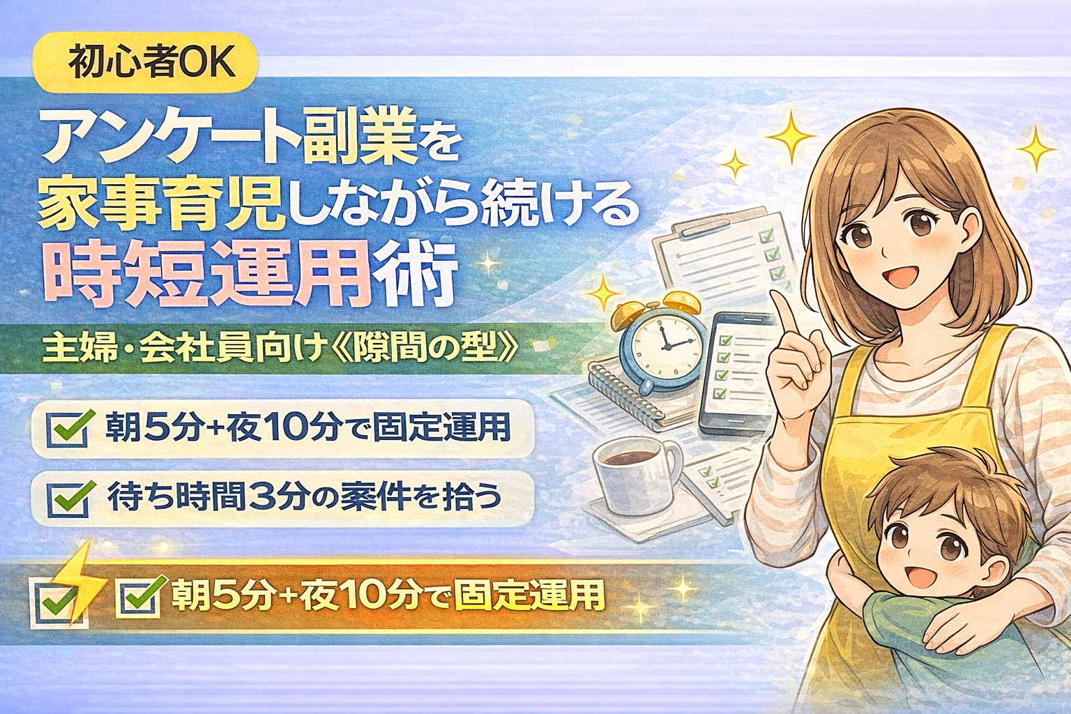 アンケート副業を家事育児しながら続ける時短運用術｜主婦・会社員向け「朝5分＋夜10分」「待ち時間3分」を活かす隙間ルーティンを解説したサムネイル