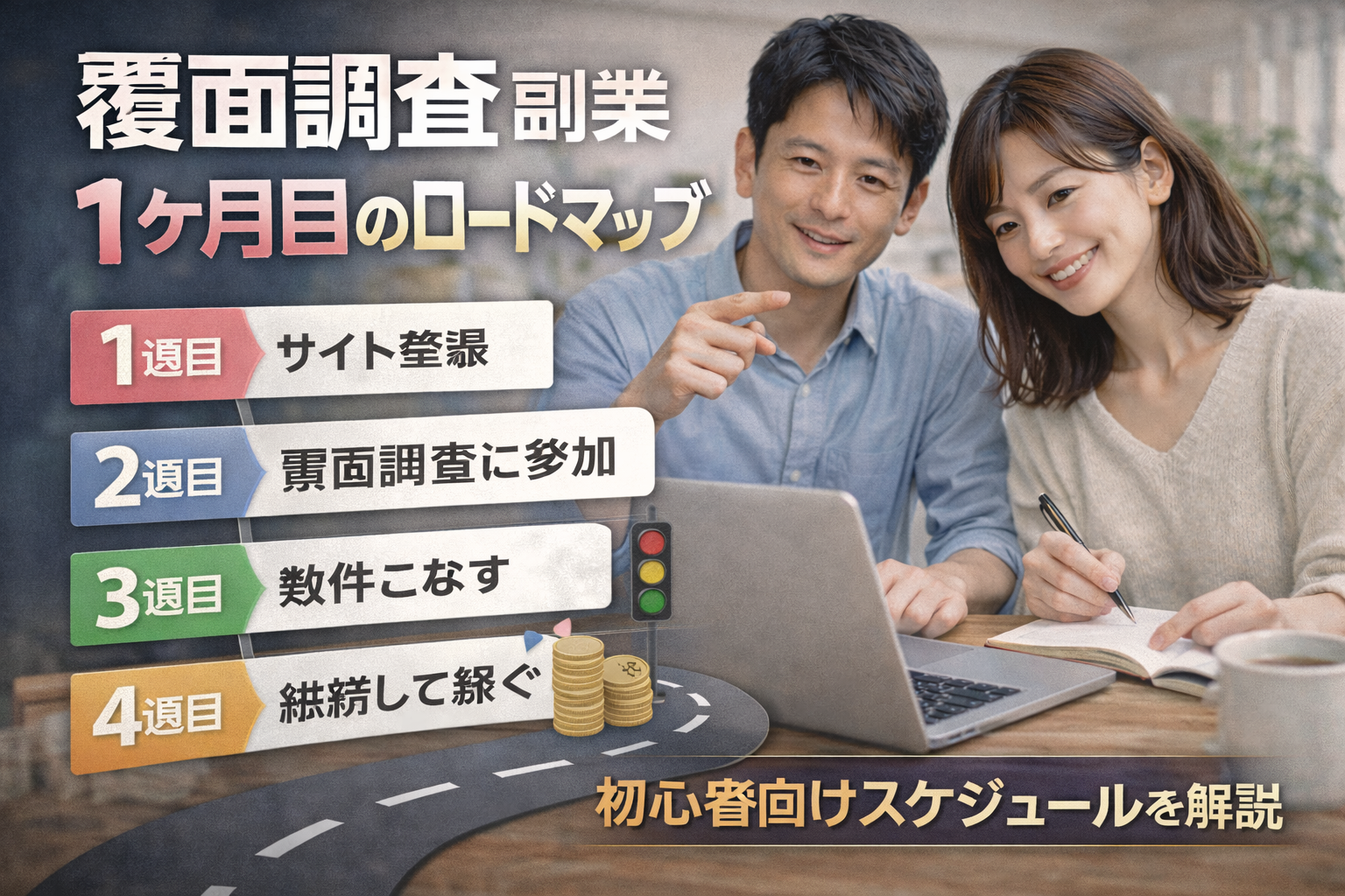 覆面調査・モニター副業の「最初の1ヶ月」ロードマップを解説するサムネイル画像。1週目から4週目までの行動ステップと初心者向けスケジュールが示されている。