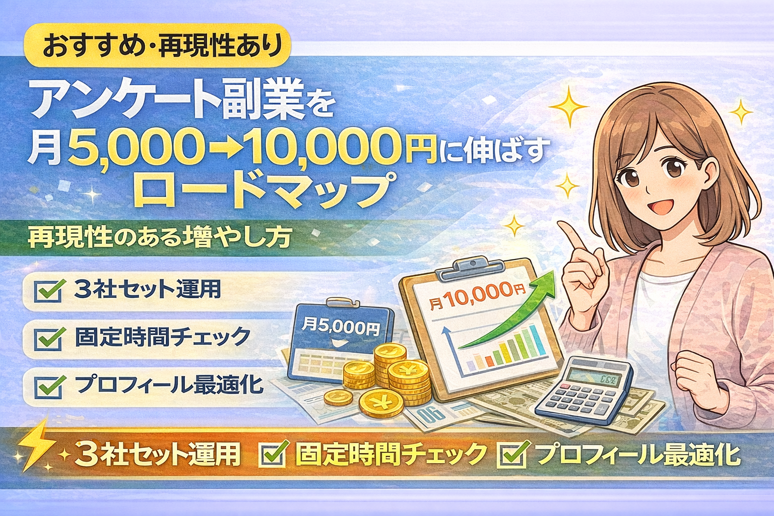 アンケート副業を月5,000円→10,000円に伸ばすロードマップ｜3社セット運用・固定時間チェック・プロフィール最適化で再現性高く増やす方法のサムネイル