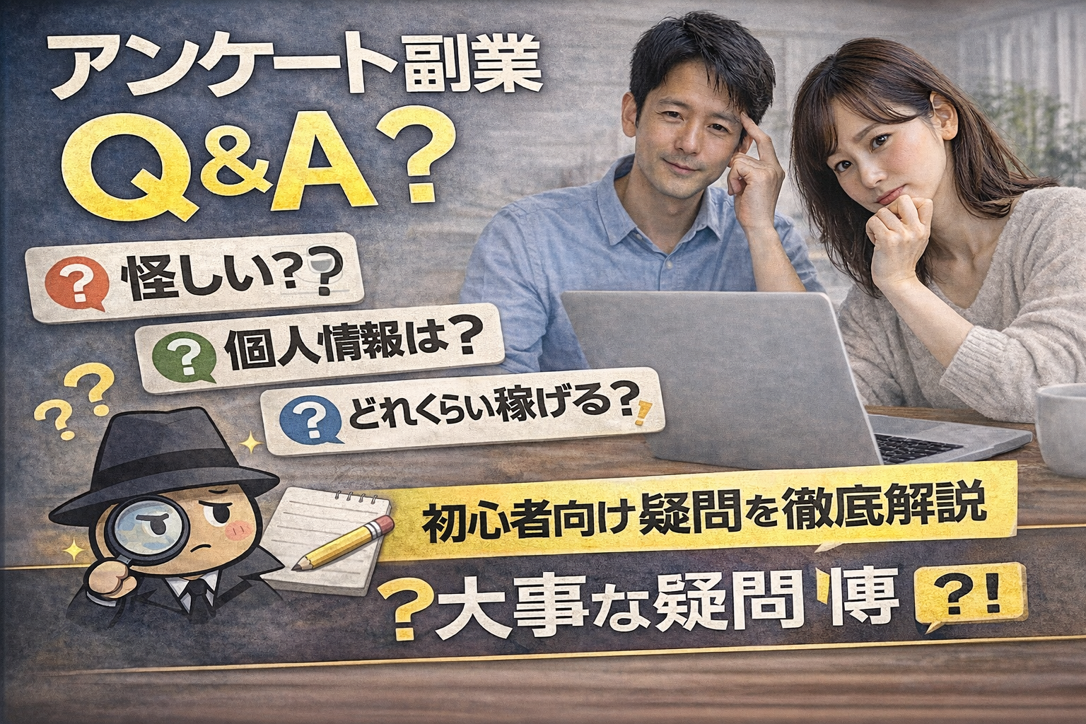 アンケート副業に関するQ&Aとして「怪しいのか」「個人情報は安全か」「どれくらい稼げるのか」といった初心者の疑問を解説するサムネイル画像。