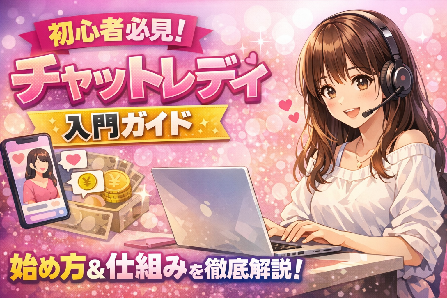 チャットレディ入門ガイドのサムネ：ヘッドセットを付けた女性がノートPCで配信準備、スマホのチャット画面とお金アイコンが描かれた初心者向けイラスト