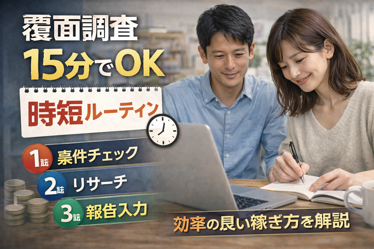 覆面調査・モニター副業を15分で回す時短ルーティンを解説するサムネイル画像。案件チェック・リサーチ・報告入力の3ステップが示されている。