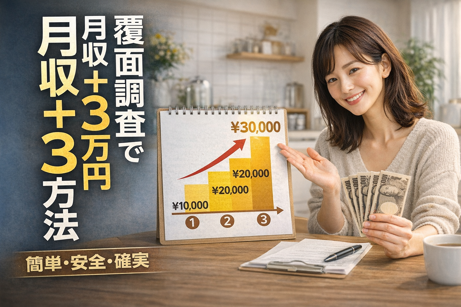 覆面調査・モニター副業で月収3万円を目指す方法を解説するサムネイル画像。収入アップのグラフと3ステップを示している。