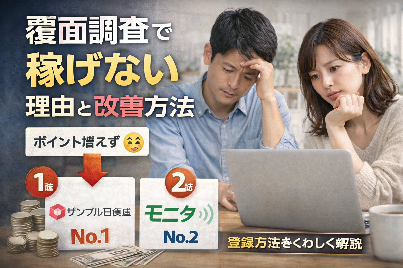 覆面調査・モニター副業で稼げない理由と改善方法を解説するサムネイル画像。悩む男女と「ポイントが増えない」状況、対策の流れが描かれている。