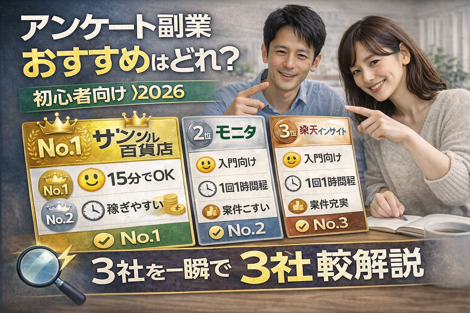 アンケート副業のおすすめサービスを初心者向けに比較した早見表（2026年版）のサムネイル画像。主要3社の違いが一目で分かる構成。