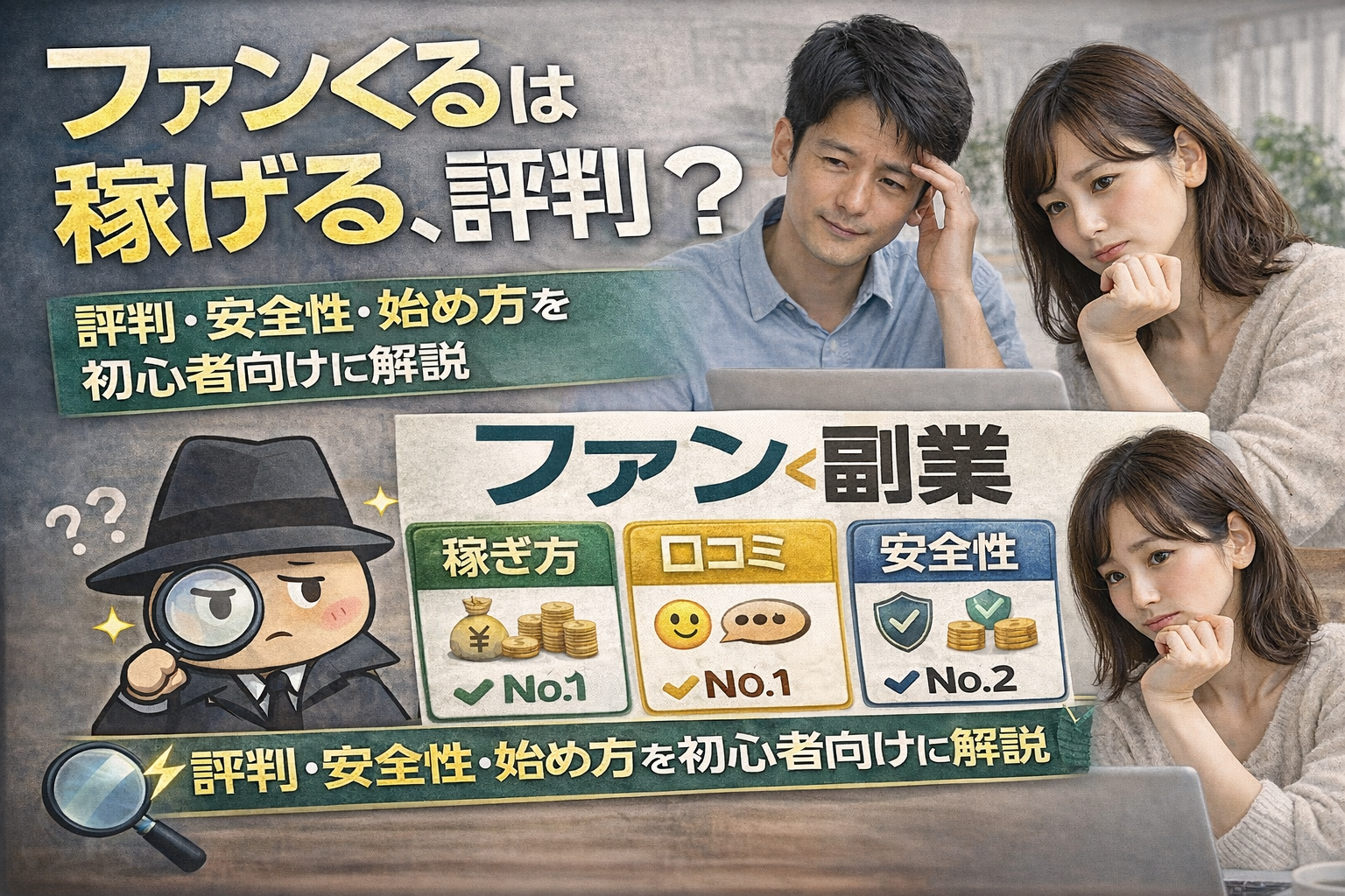 覆面モニターサービス「ファンくる」は稼げるのかを、評判・安全性・始め方の3点から初心者向けに解説するサムネイル画像。ファンくる副業の特徴が分かる構成。