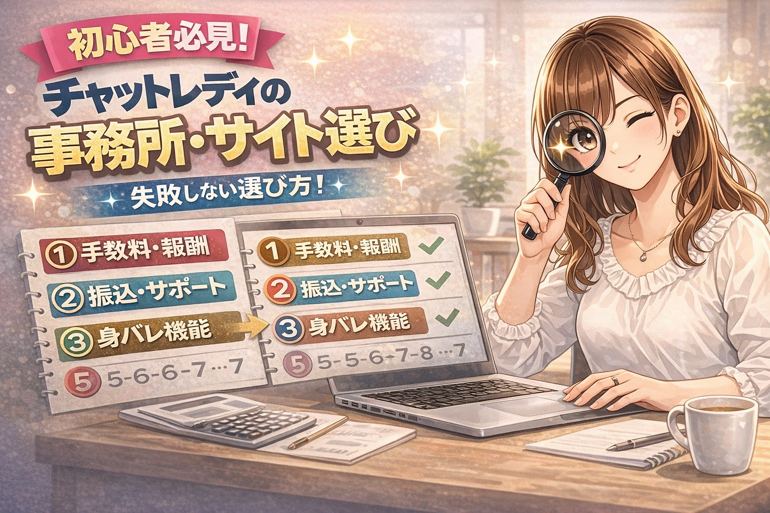チャットレディの事務所・サイト選びサムネ：虫眼鏡を持つ女性がノートPCで比較表を確認し、「手数料・報酬」「振込・サポート」「身バレ機能」など7つの比較軸にチェックを入れている初心者向けイラスト