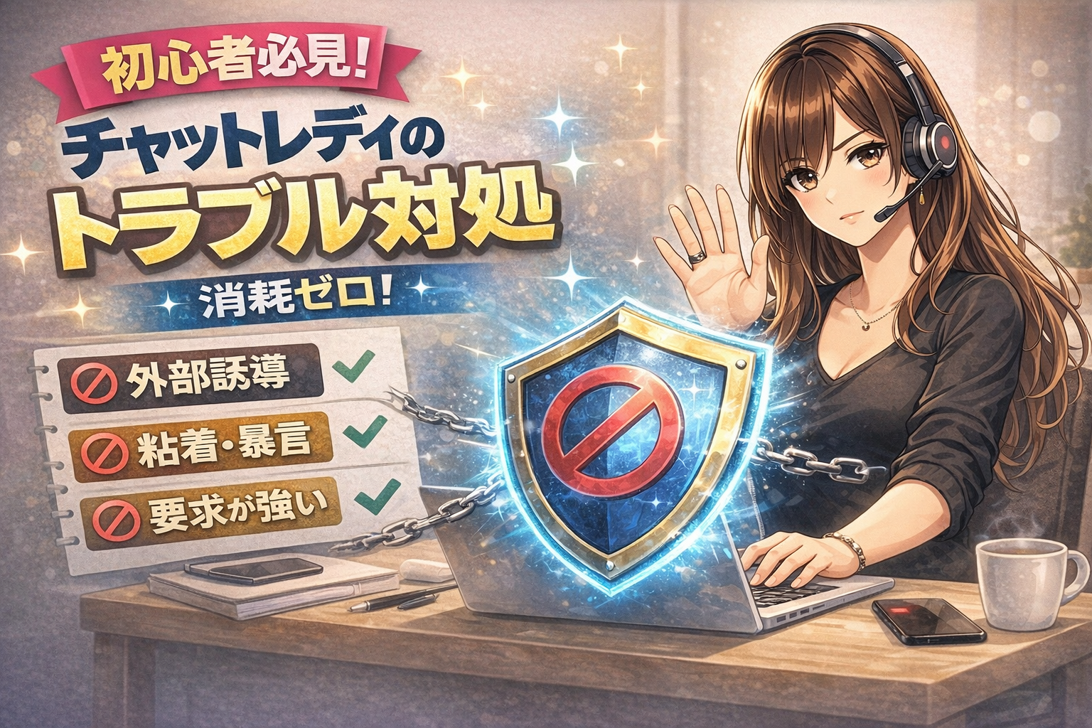 チャットレディのトラブル対処サムネ：ヘッドセットの女性が“STOP”の手を上げ、禁止マーク入りの盾で外部誘導・粘着/暴言・要求強めをブロックするチェックリスト付き初心者向けイラスト（消耗ゼロ）
