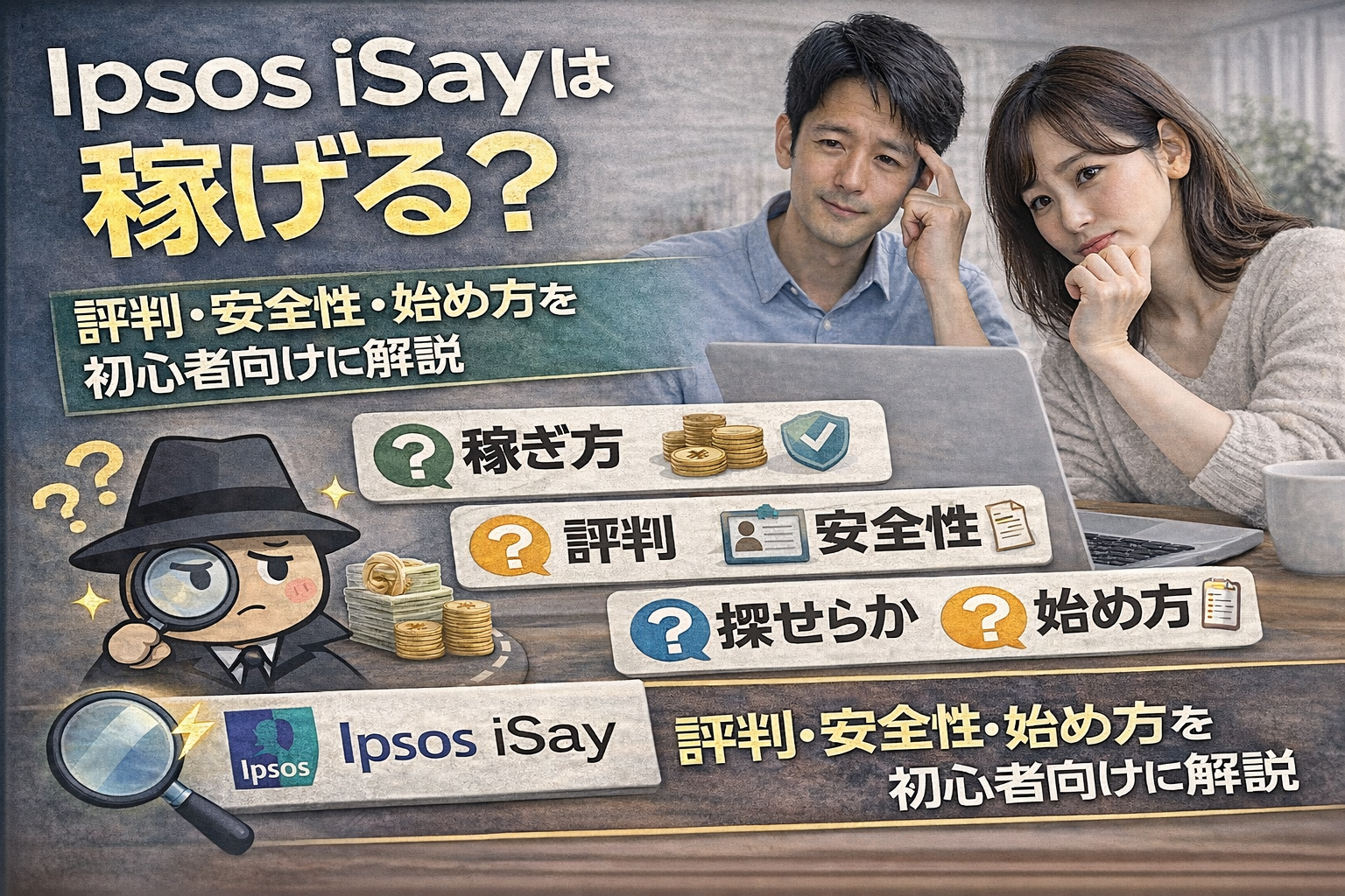 アンケートサイト「Ipsos iSay」は稼げるのかを、評判・安全性・始め方の観点から初心者向けに解説するサムネイル画像。Ipsos iSayの特徴と不安点を整理している。