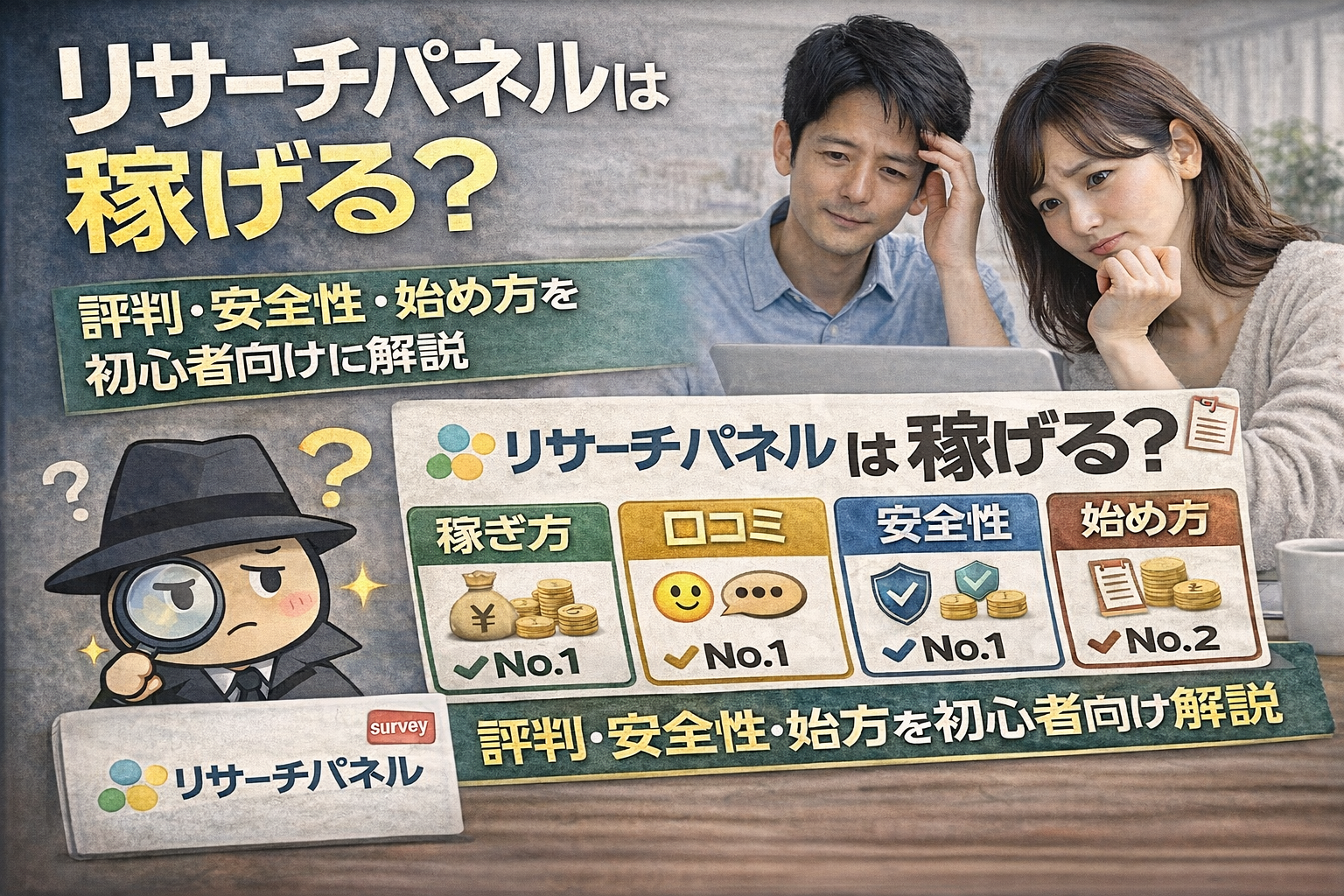アンケートサイト「リサーチパネル」は稼げるのかを、評判・安全性・始め方の観点から初心者向けに解説するサムネイル画像。リサーチパネルの特徴が分かる構成。