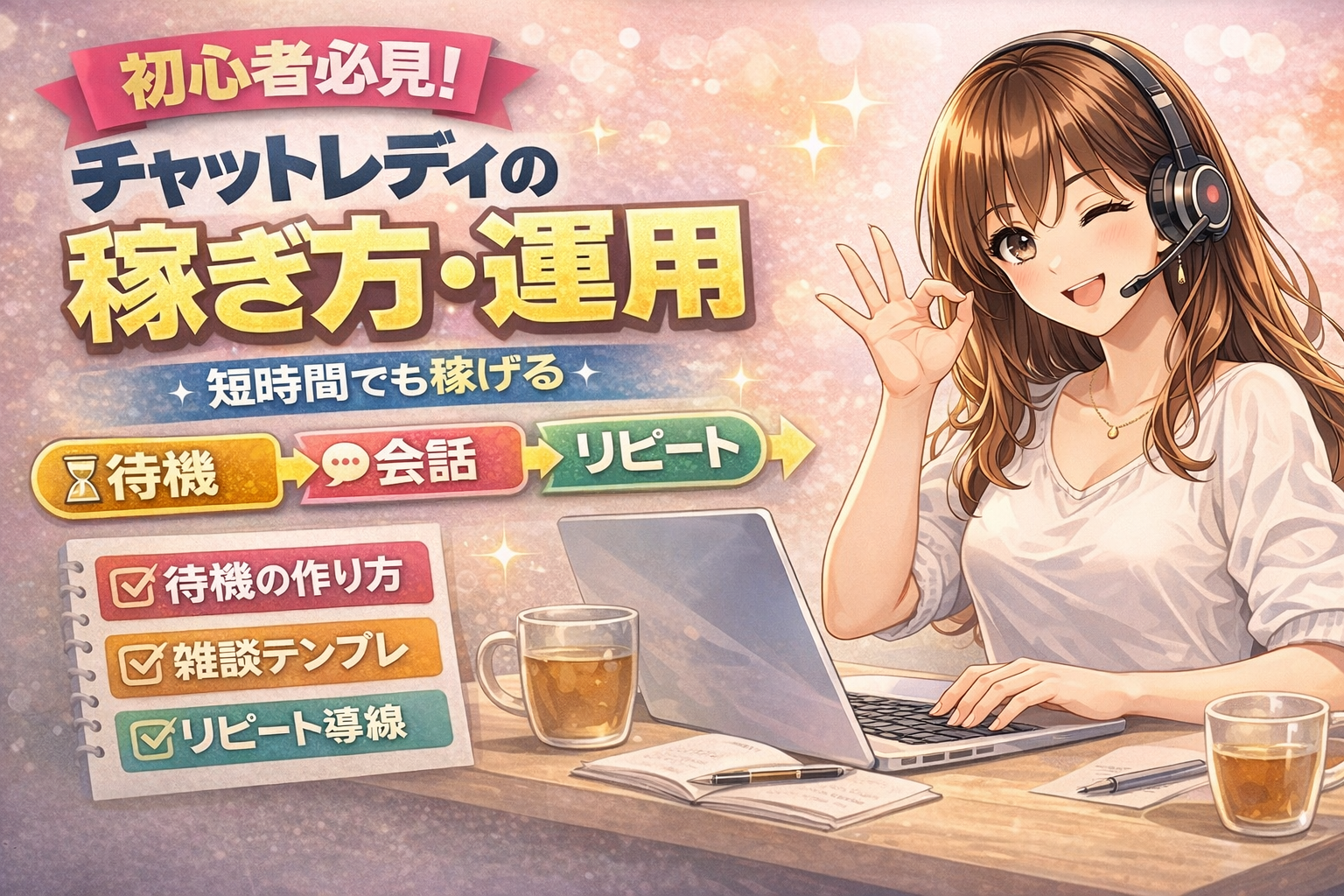 チャットレディ稼ぎ方・運用のサムネ：ヘッドセットの女性がノートPCで配信しながらウィンク、待機→会話→リピートの流れ図と「待機の作り方・雑談テンプレ・リピート導線」チェックが描かれた初心者向けイラスト