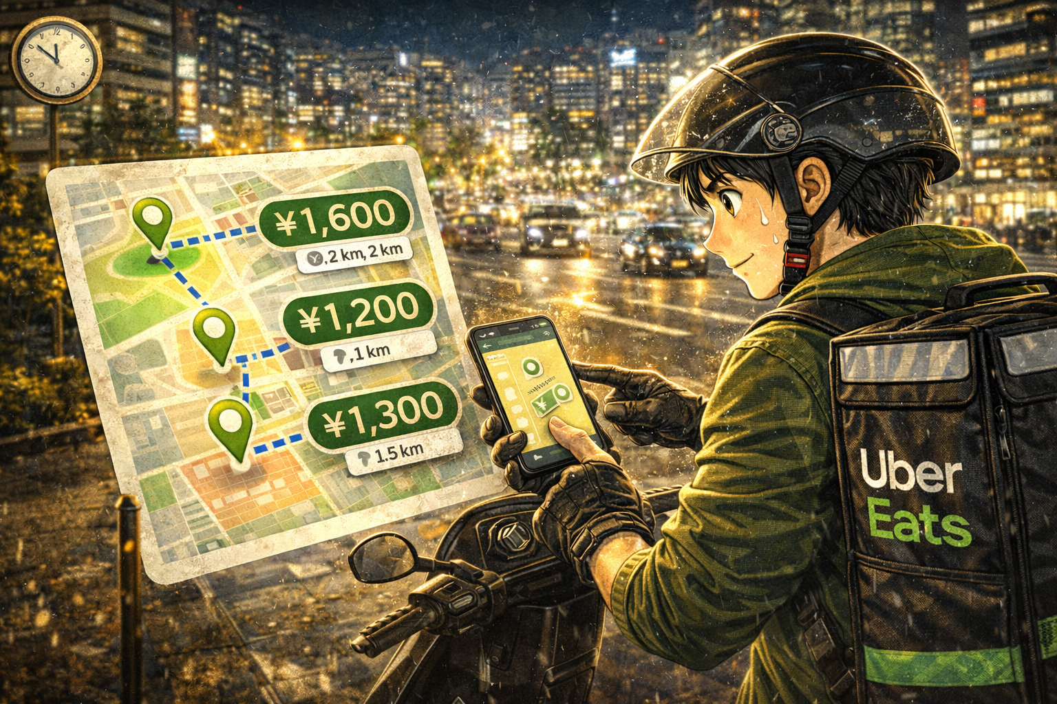 ピーク時間に地図と注文情報を見ながら、単価を守る受け方で効率よく配達しているイメージ