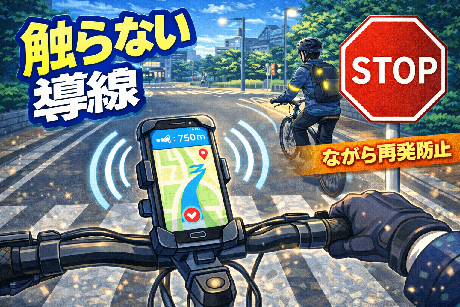 自転車でスマホに触らず音声案内と停車で安全に移動するイメージ