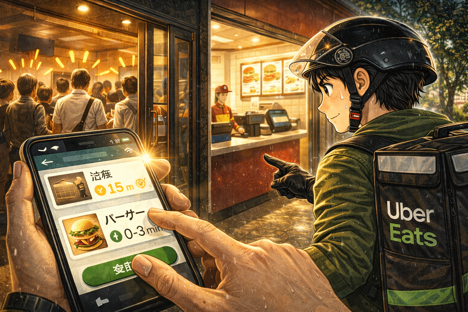 Uber Eatsの受け前に店舗の混雑や導線を見極め、待ち時間を避けて効率よくピックアップしているイメージ