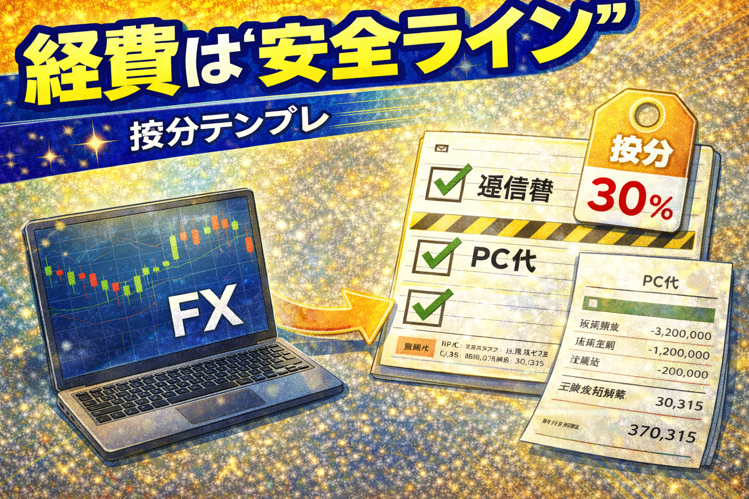 FXの必要経費を安全ラインで整理し、通信費やPCを按分して台帳にまとめるイメージ（2026）