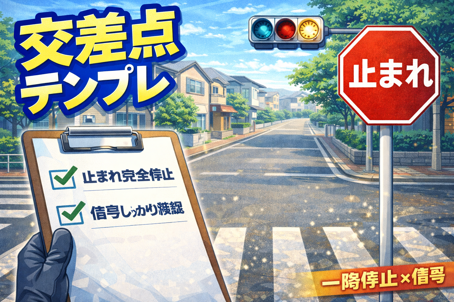 住宅街の交差点で一時停止と信号を守るためのテンプレを示すイメージ