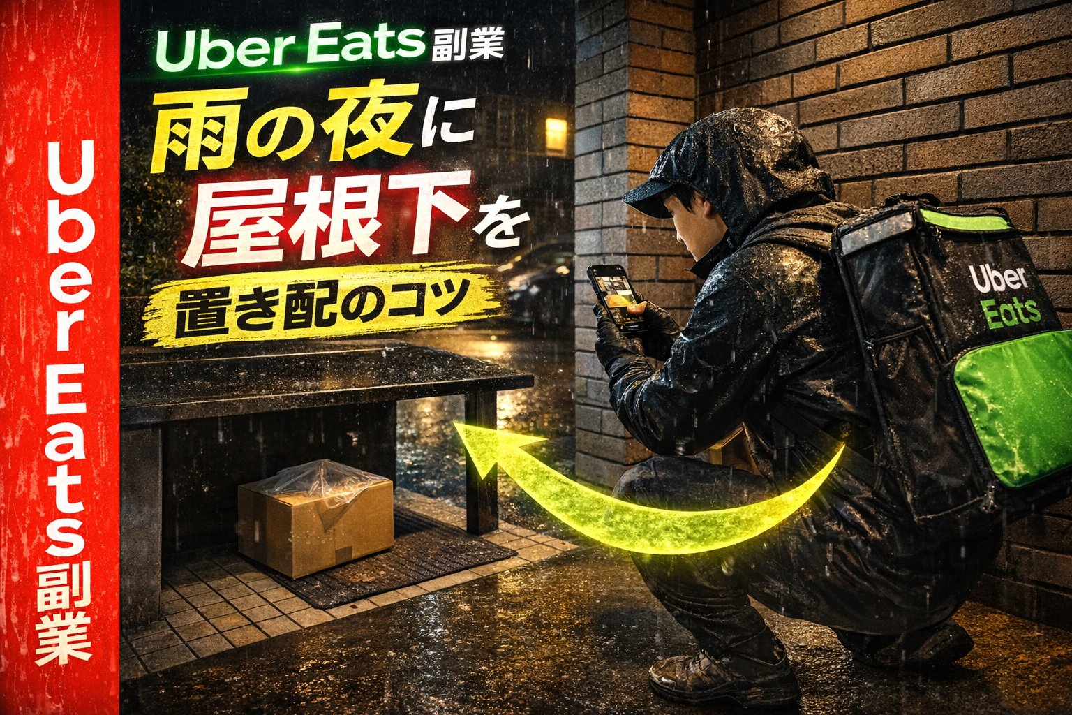 雨の夜、都筑区のマンション前で「屋根下の置き配ポイント」を素早く見つけ、スマホで証拠写真を撮って評価を守る配達員のイメージ