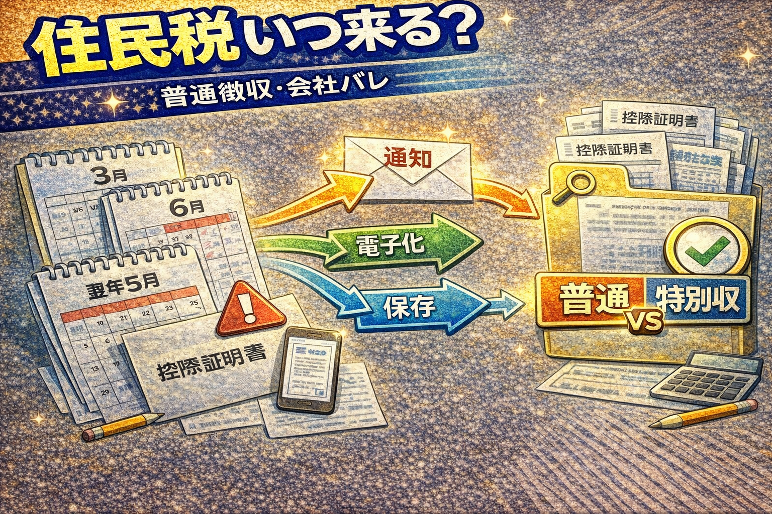 確定申告後の住民税がいつ反映され通知が届くかを、普通徴収と特別徴収のタイムラインで整理しているイメージ（2026）