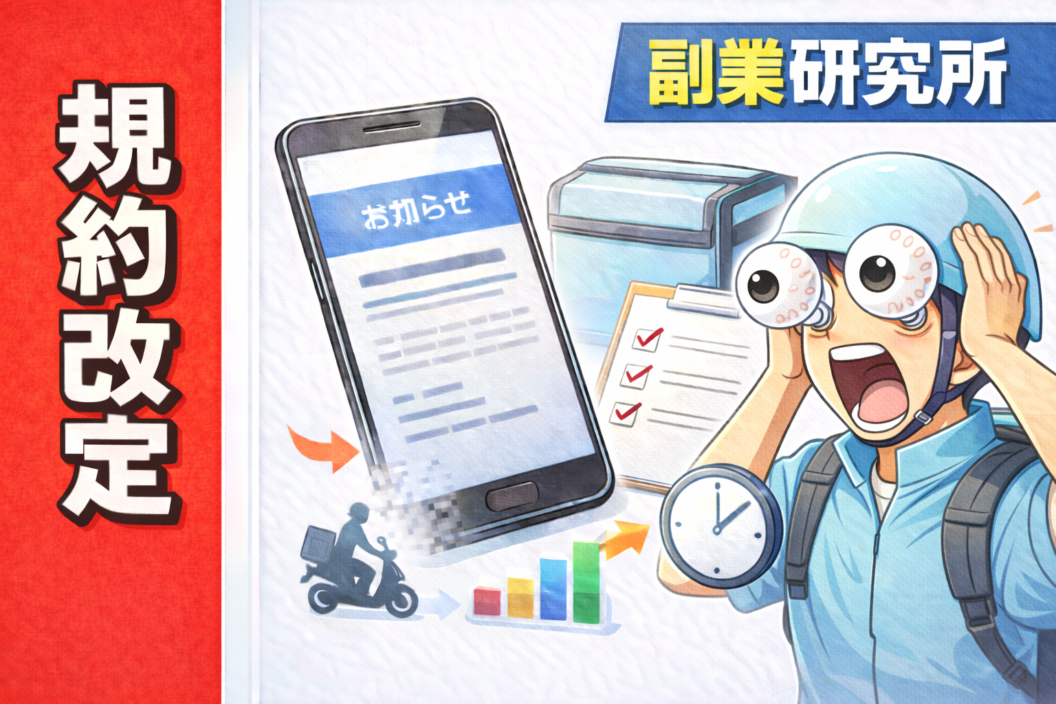 ロケナウの規約改定通知をチェックリストで確認する配達員のイメージ