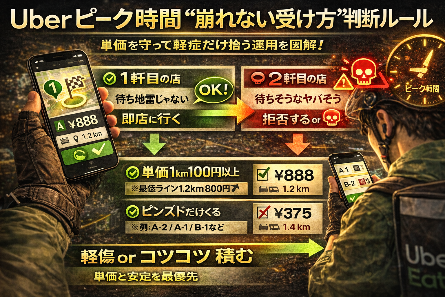 Uberのピーク時間に、単価を守りつつ“崩れない受け方”を実践するための判断ルール（軽症だけ拾う運用）を解説するイメージ