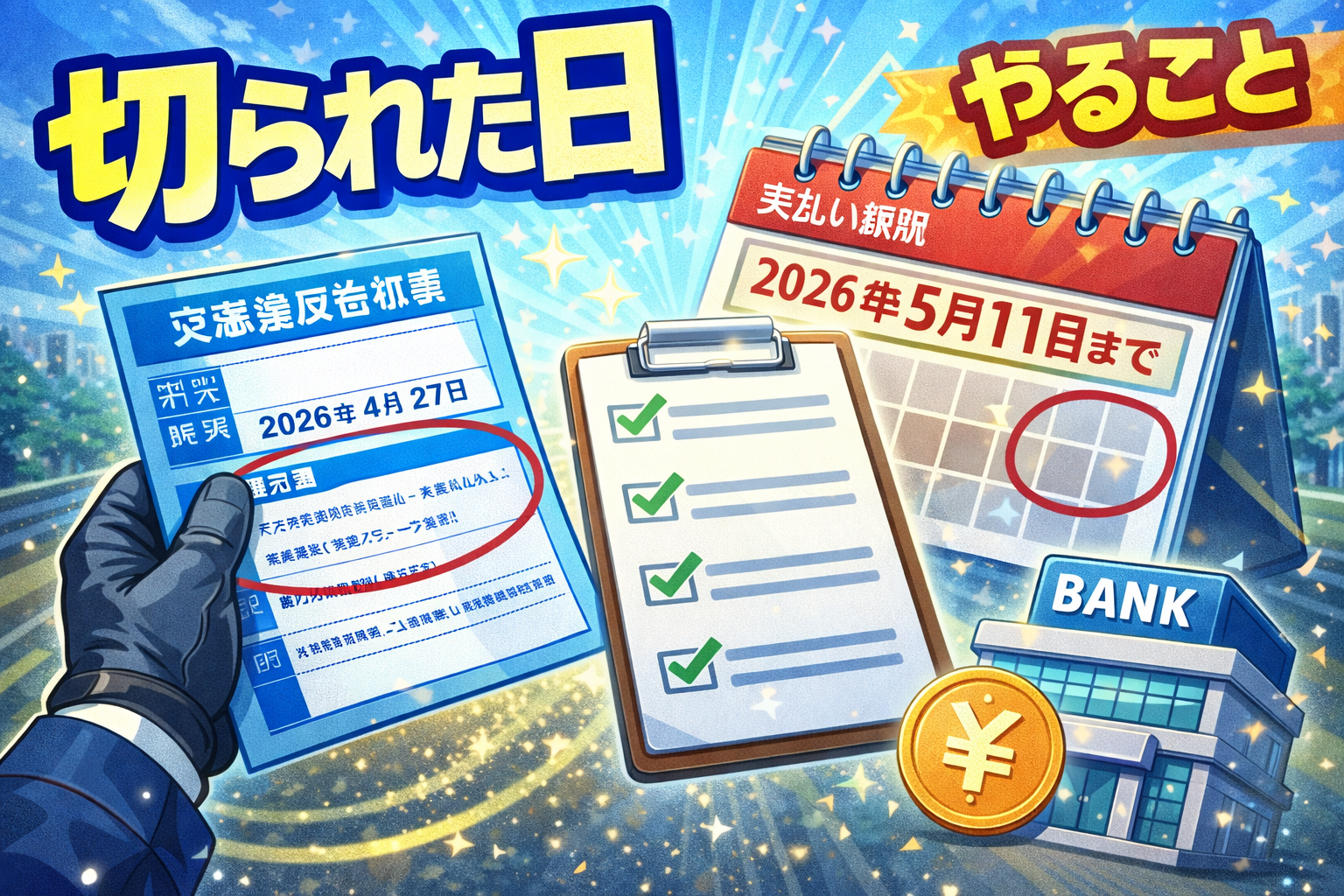 自転車の青切符を受け取った日の手順と支払い期限をチェックするイメージ