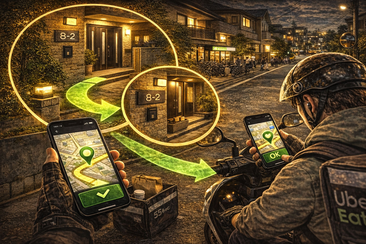 麻生区の住宅街で、地図のピン位置と建物の形・入口を照合しながら「番地・入口迷子」を防いで配達しているイメージ