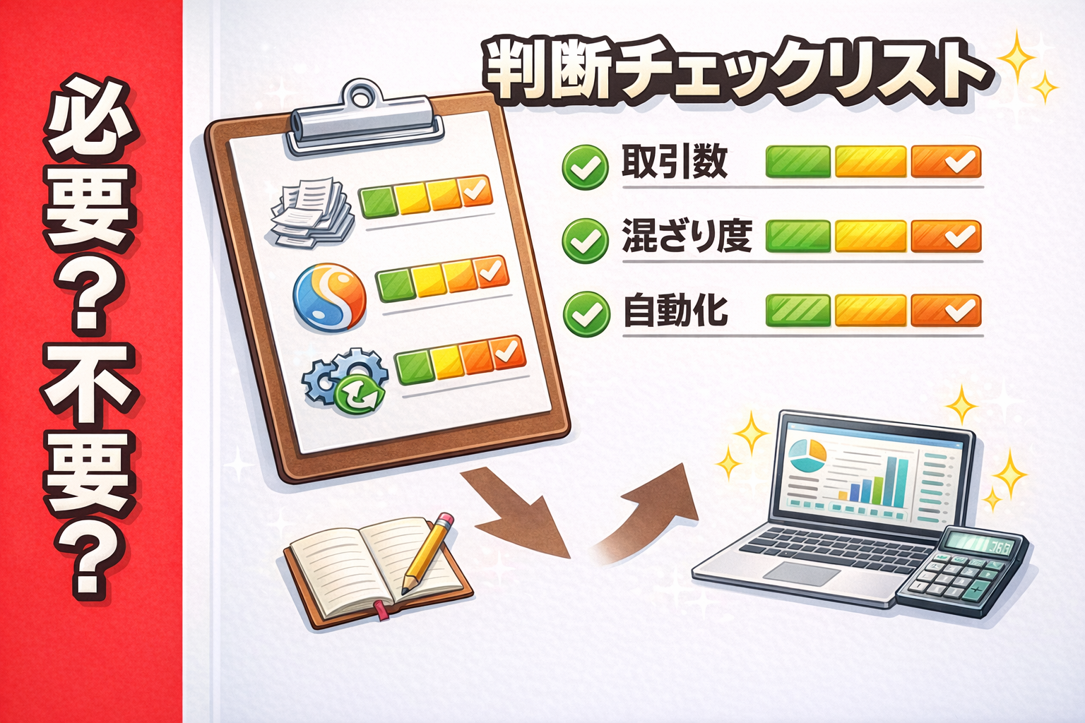 会計ソフトが必要か不要かを、取引数・混ざり度・自動化の3条件で判断するチェックリストのイメージ