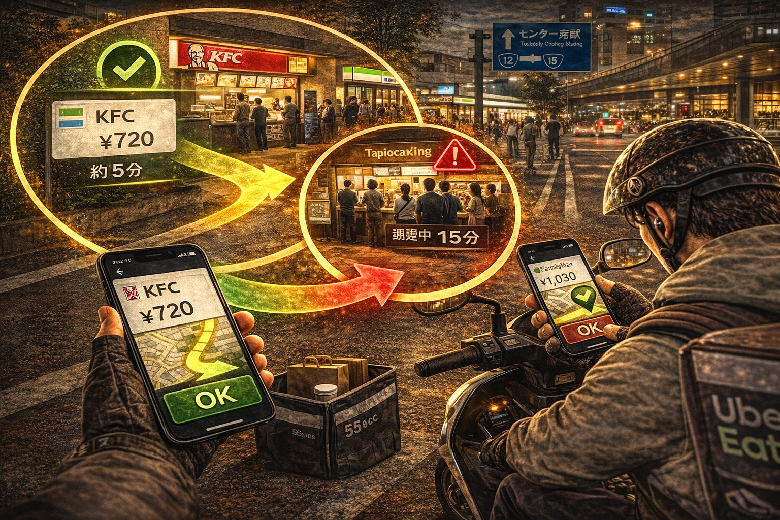 都筑区（セン北/セン南）の商業施設まわりで、店待ちの“軽症だけ”を見抜いて拾い、重症は切って平均（TPH）を守りながら回している50cc配達員のイメージ