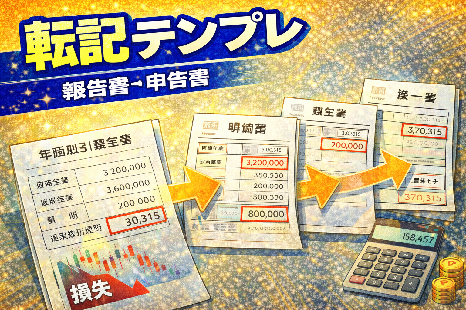 FXの年間取引報告書の数字を計算明細書から申告書（第三表・第一表）へ転記する流れを整理したイメージ（2026）