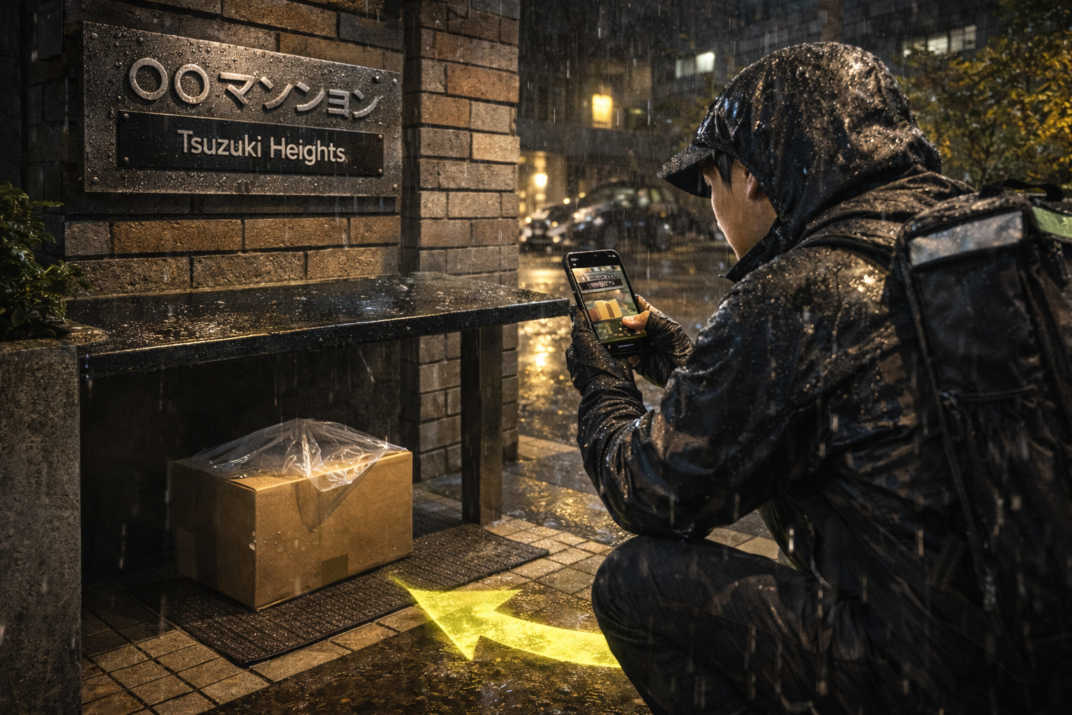 雨の夜の都筑区で、マンション入口の屋根下に置き配し、建物名プレートと荷物が一緒に写る証拠写真を撮って評価を守る配達員のイメージ