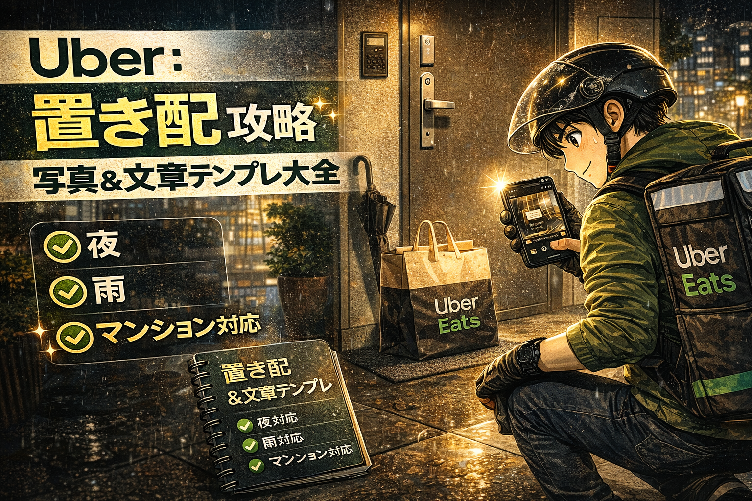 玄関前に置き配した荷物とドアの特徴が分かるように撮影し、短いメッセージで完了連絡しているイメージ