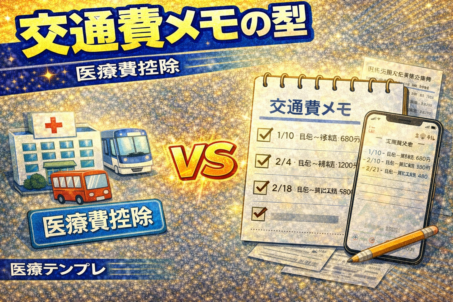 通院交通費を日付・区間・金額でメモして医療費控除の明細書にまとめるイメージ（2026）