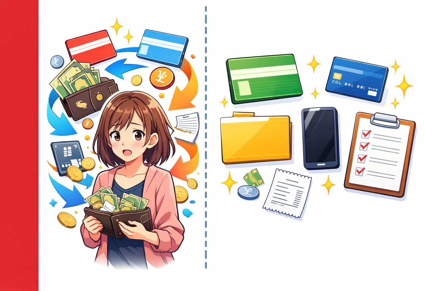 副業のお金を家計と分けるために、口座・カード・書類を整理して見える化するイメージ（口座を分ける最短セット）