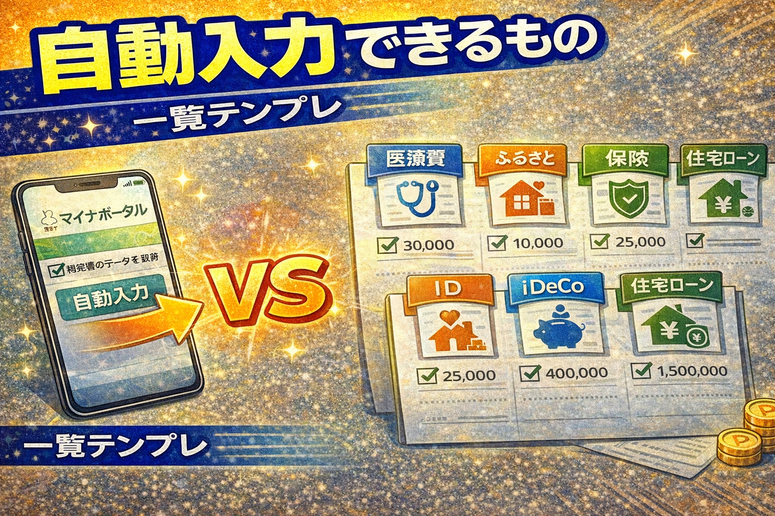 マイナポータル連携で医療費や保険、iDeCo、住宅ローンなどのデータを自動入力できる一覧を整理しているイメージ（2026）