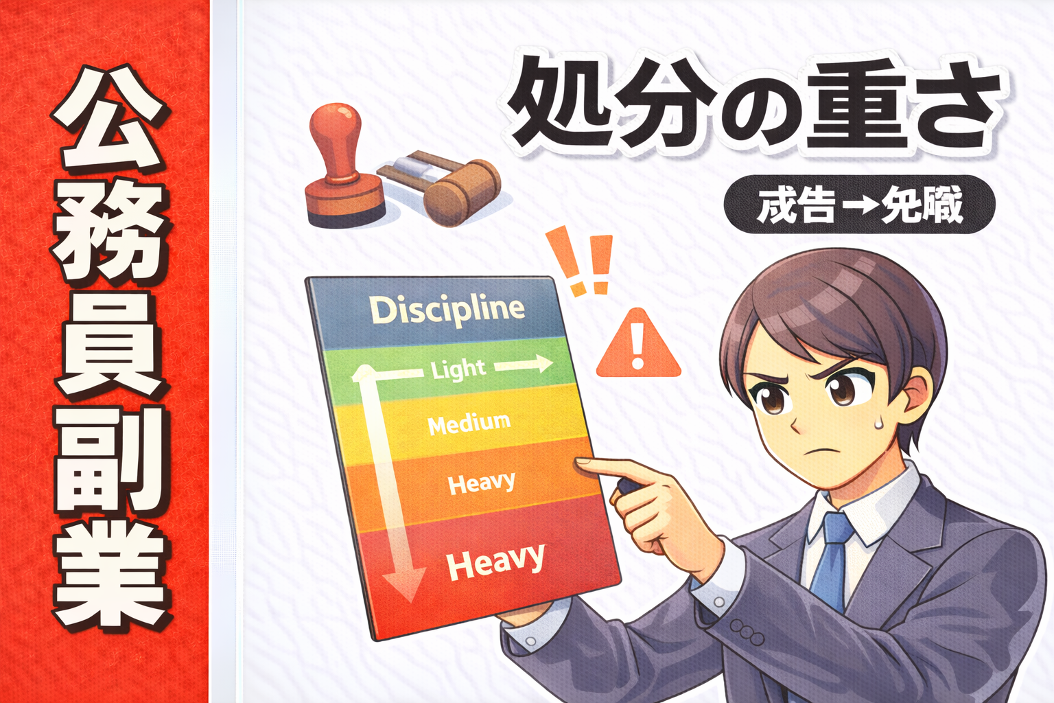 公務員副業に関する懲戒処分の重さ（戒告から免職まで）を整理する記事のサムネイル
