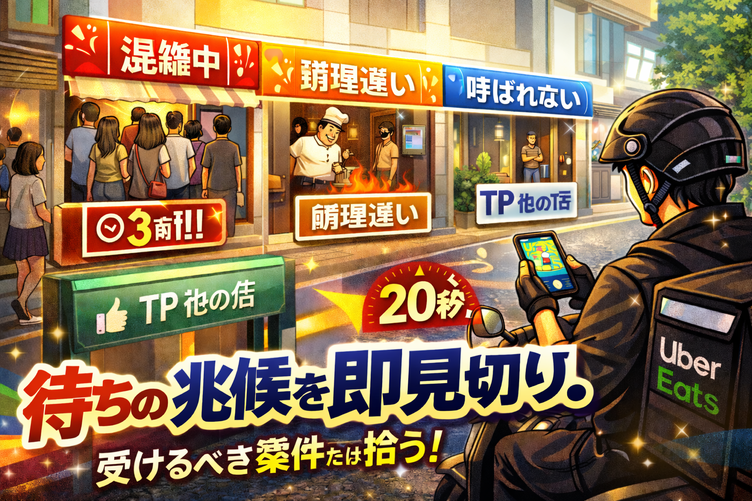 麻生区（新百合ヶ丘）の昼ピーク、店前で原付50ccの配達員が「待ちの兆候3指標」を20秒で見切り、待つ店を避けてTPHを守りながら受けるべき案件だけ拾うイメージ