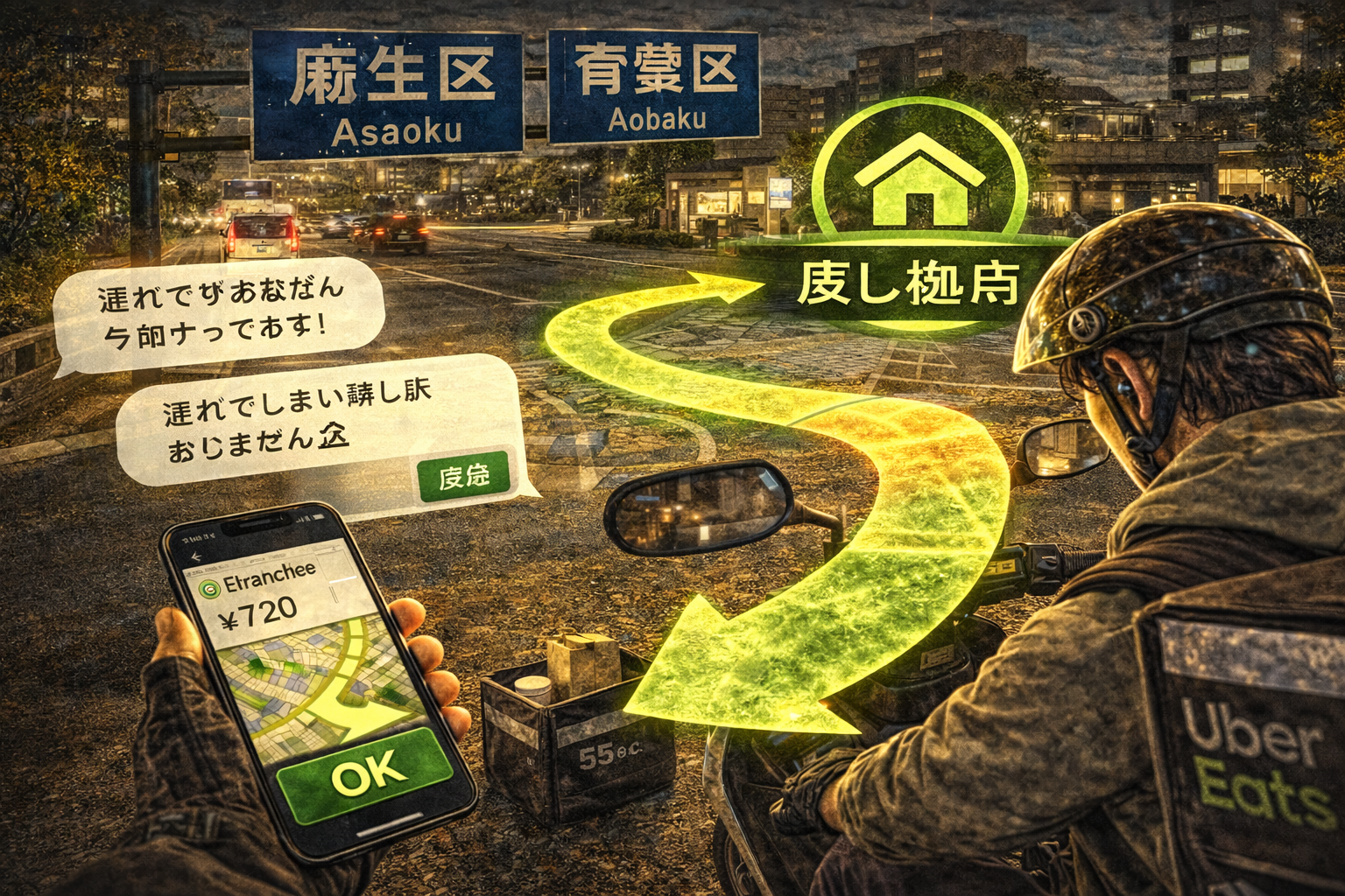 麻生区と青葉区を跨いで「もう遅れた／崩れた」配達員が、短文連絡テンプレと“戻し拠点”（市が尾・あざみ野）復帰で評価を落とさず立て直すイメージ