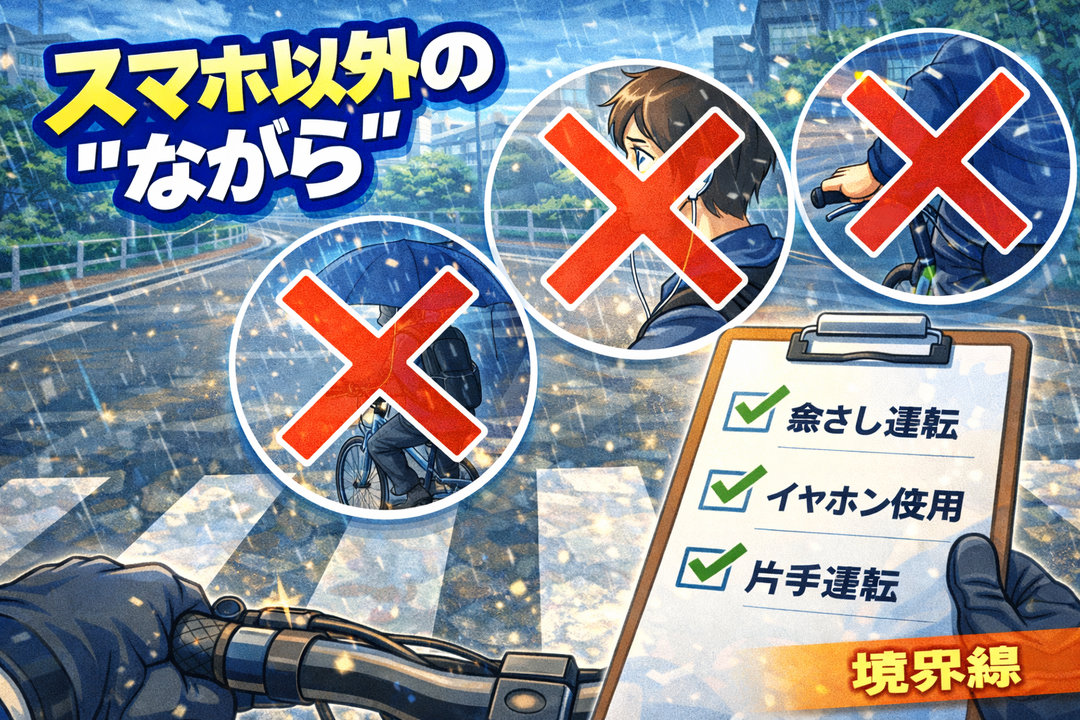 傘さし運転やイヤホン使用などスマホ以外のながら運転を避ける注意喚起イメージ