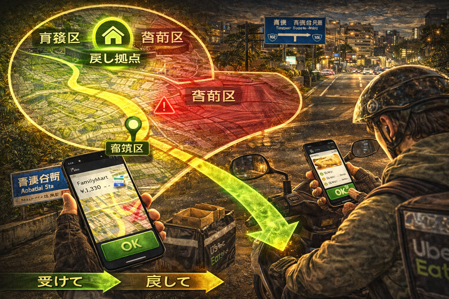 青葉区（あざみ野・市が尾）起点で、都筑区・宮前区（鷺沼）に“吸われる”注文を境界ルールで選別し、跨いでも崩れずに戻して回す50cc配達員のイメージ