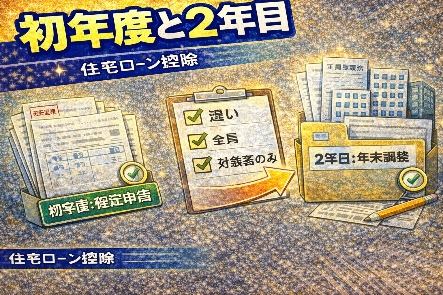住宅ローン控除の初年度は確定申告、2年目以降は年末調整が中心になる違いをチェックリストで比較しているイメージ（2026）
