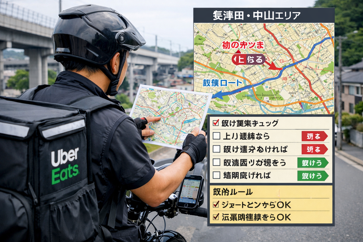 緑区（長津田/中山）の坂道と住宅街で、地図を見ながら「上りの量」と「幹線へ戻る導線」を瞬時に判断し、TPHを守る配達員のイメージ
