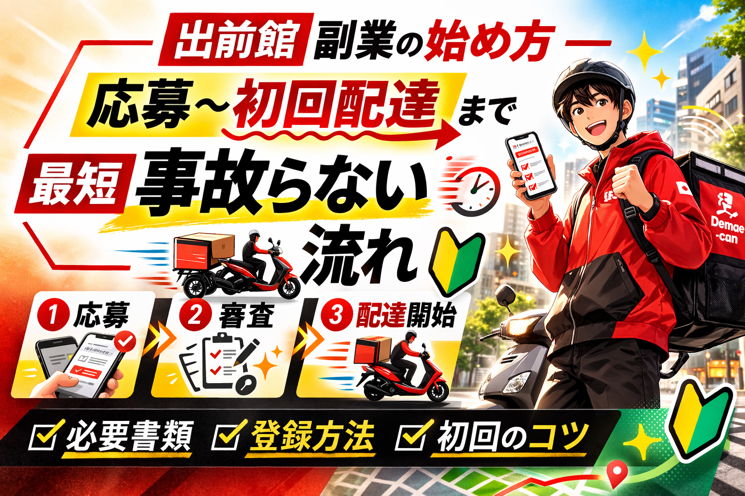 出前館の副業の始め方サムネ（応募〜初回配達までの流れ／最短で事故らないポイントを図解、赤い配達ジャケットの配達員と街並み背景）