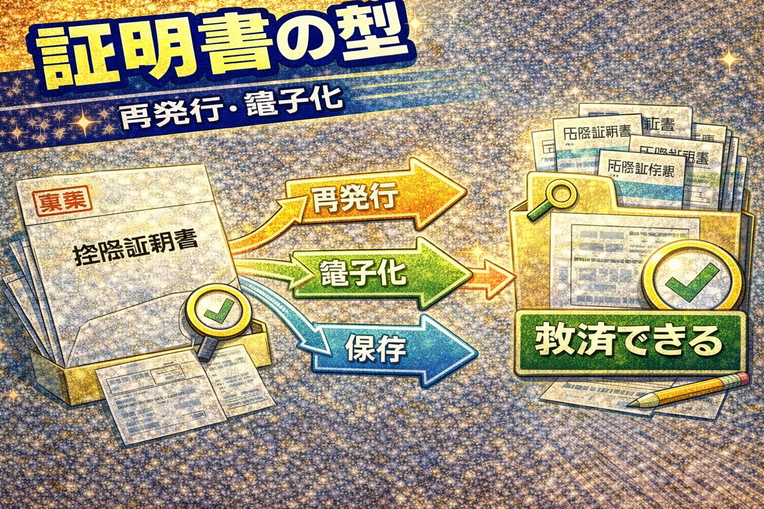 控除証明書を再発行し、電子データで取得して保存フォルダに整理しているイメージ（2026）