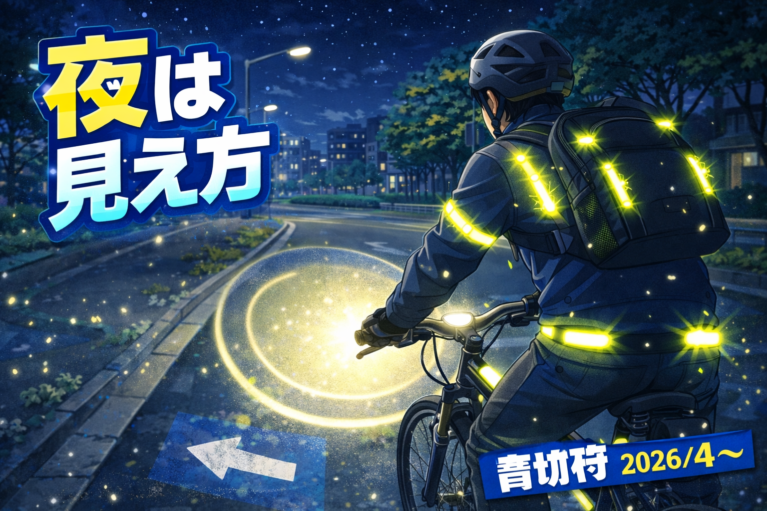 夜の自転車でライトと反射材により視認性を上げる安全対策のイメージ