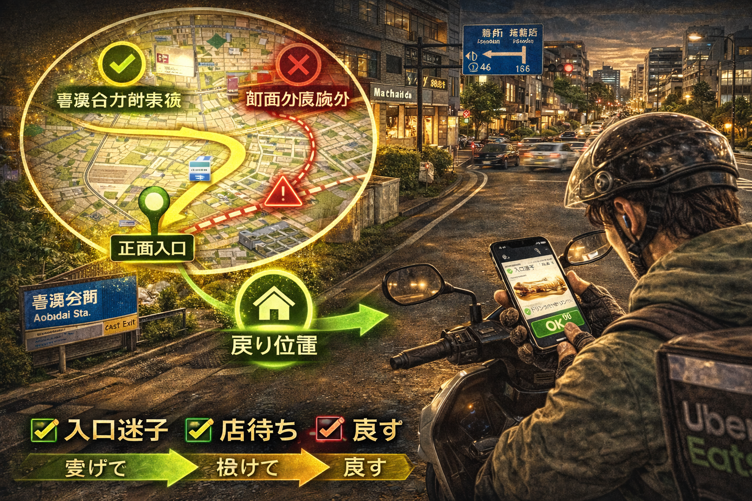 青葉台駅周辺の幹線道路沿いでUber配達の注文を選別し、町田方面に吸われずに“受けて→抜けて→戻す”を崩さず回す50cc配達員のイメージ