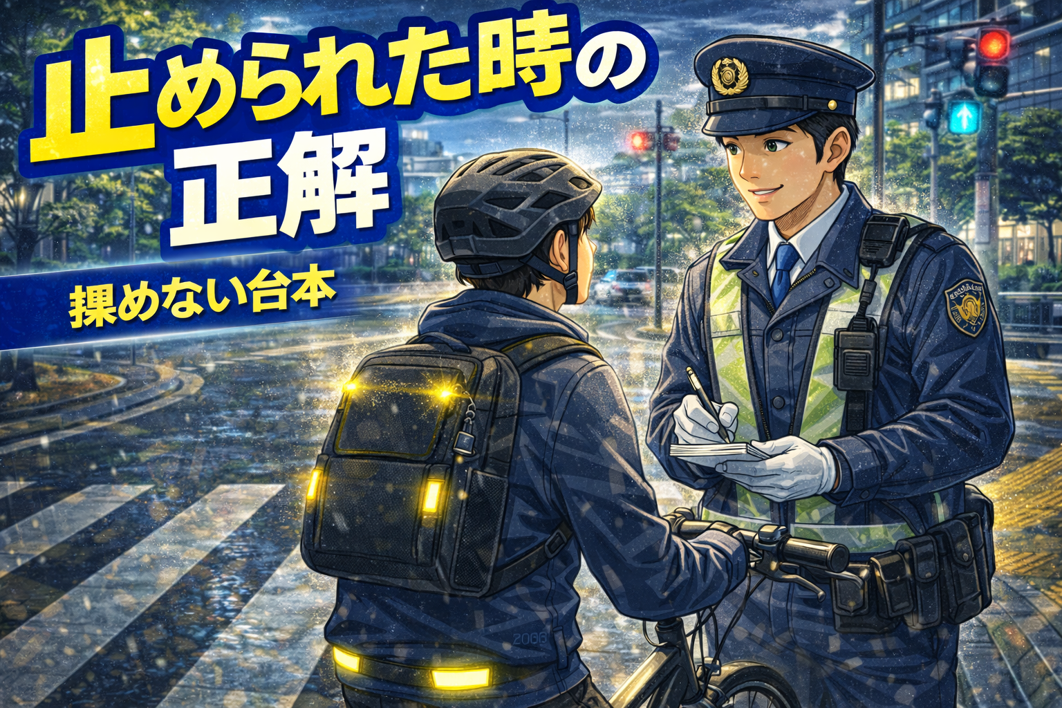 自転車で警察に止められた時に揉めずに対応する言い方と態度のテンプレを示すイメージ