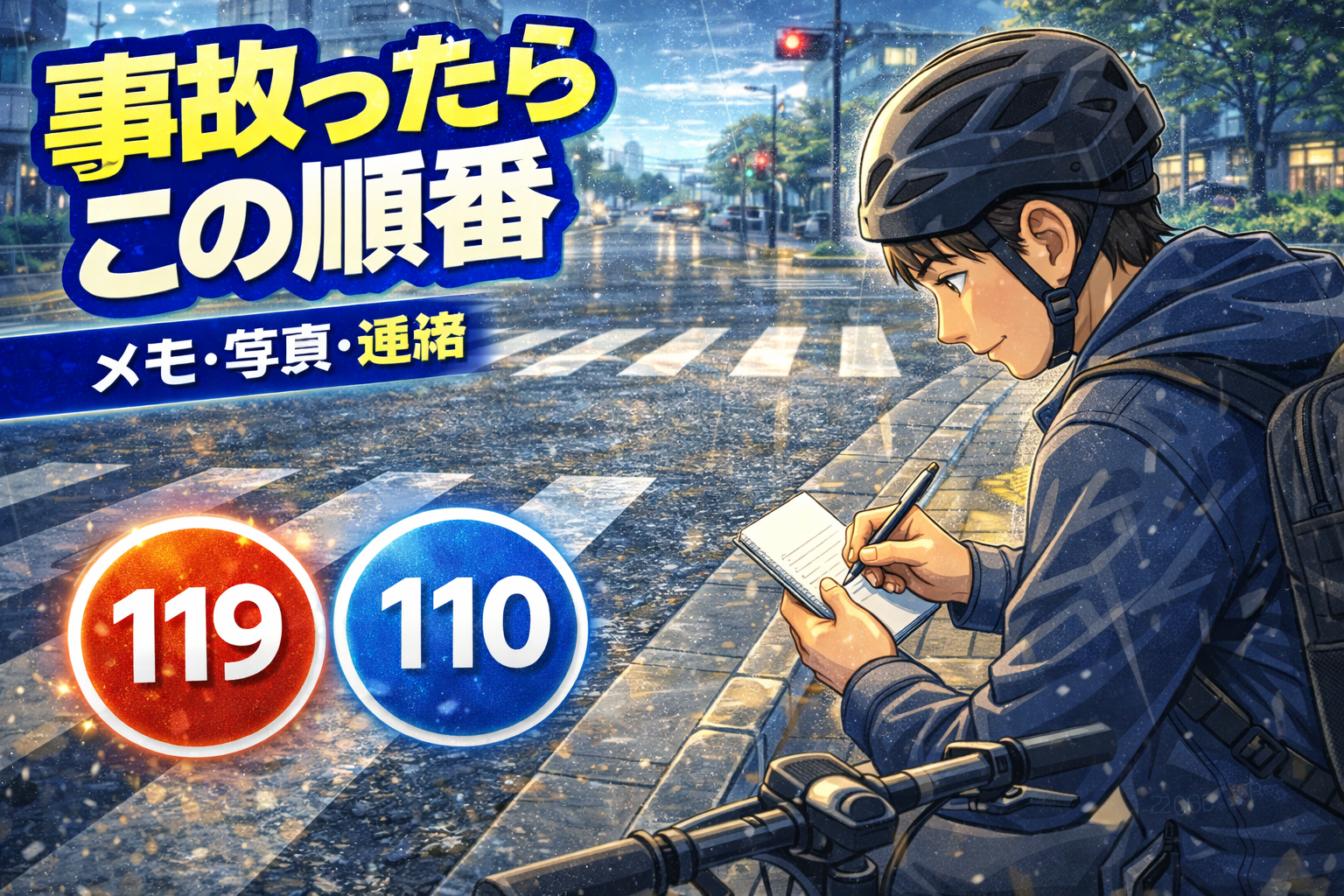自転車事故後に詰まないための対応順（安全確保・通報・メモ・保険連絡）を示すイメージ