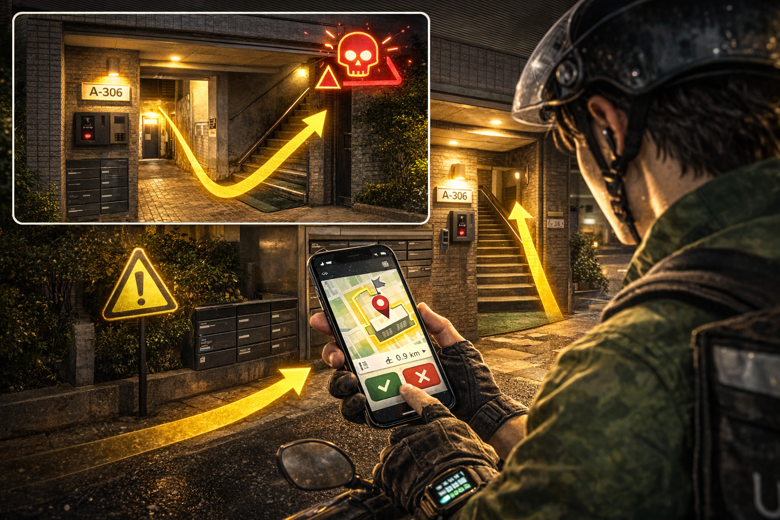 建物の入口や導線を見て地雷度を瞬時に判断し、受けるか切るか決めているイメージ