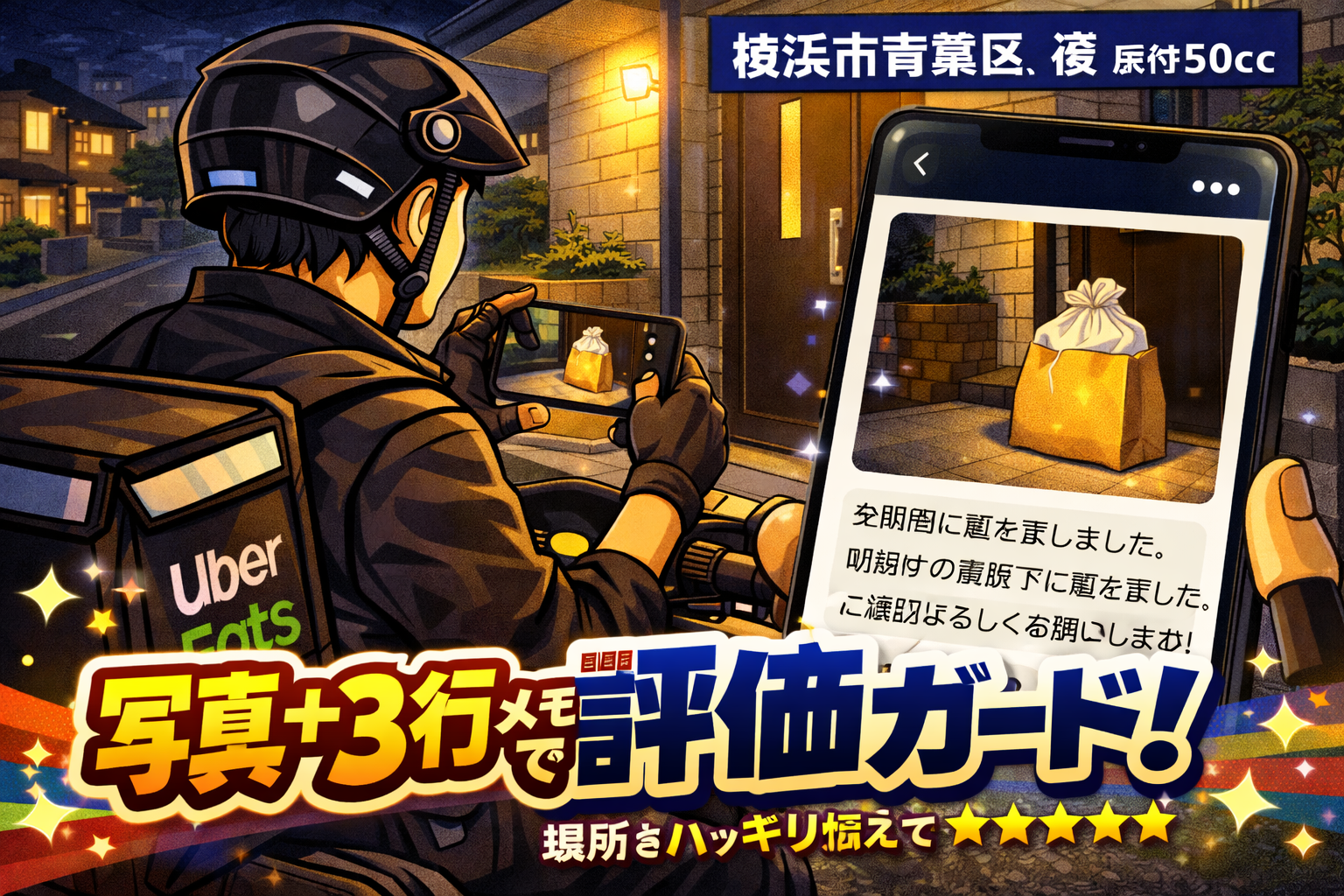 横浜市青葉区の夜、原付50ccの配達員が玄関前の屋根下に置き配し、写真＋「3行メッセ」で場所を明確にして評価を守るイメージ